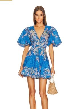 Hemant and Nandita Cobalt Blue V-Neck Puff Sleeve Mini Dress